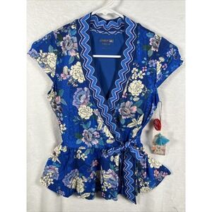 Johnny Was Blue Dove Tankini Wrap Swim Top XS Boho Floral Beach Resort NWT